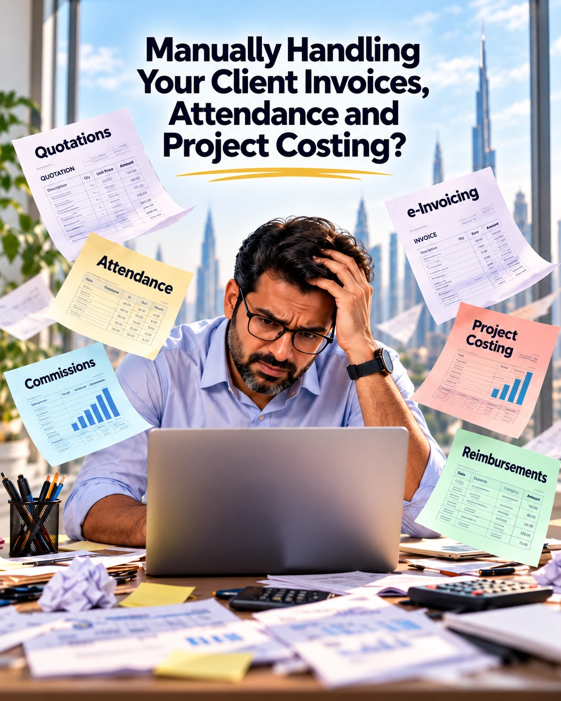 Manager handling quotations, e-invoicing, attendance, commissions, project costing and reimbursements