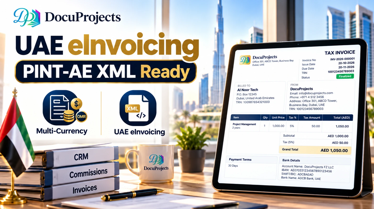 DocuProjects UAE eInvoicing PINT-AE XML Ready banner with multi-currency feature, AED tax invoice preview on a tablet, and Dubai skyline