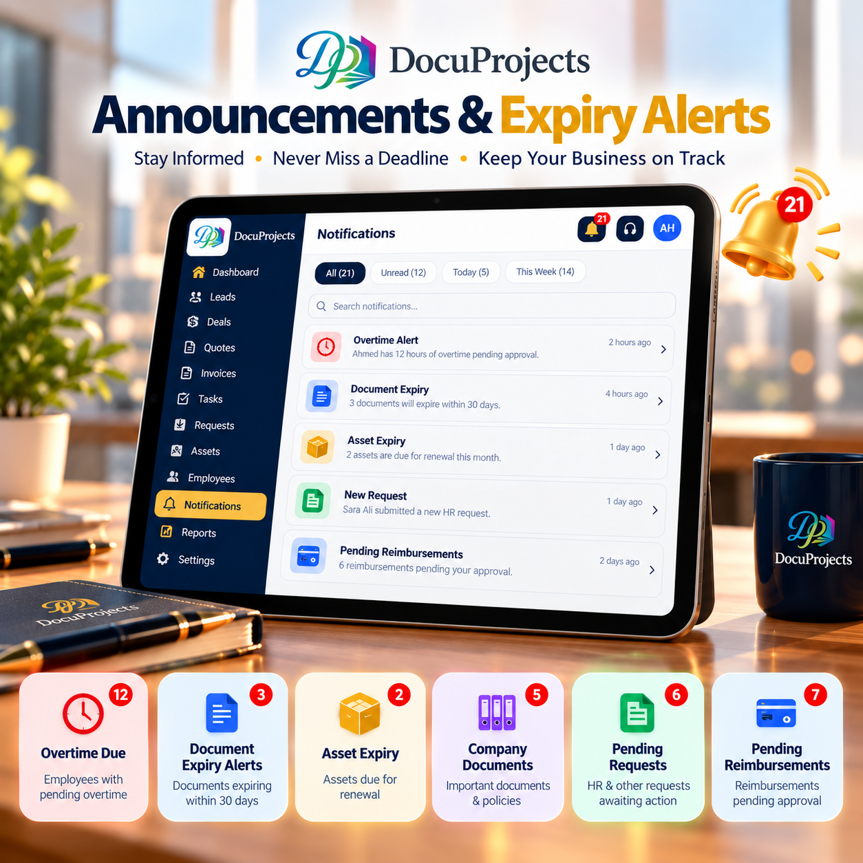 DocuProjects Announcements & Expiry Alerts product showcase