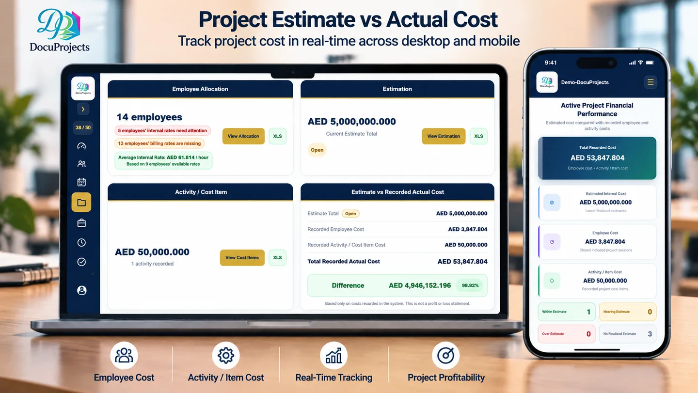 DocuProjects estimate versus actual costs on desktop and mobile with workforce, activity, item costs and differences