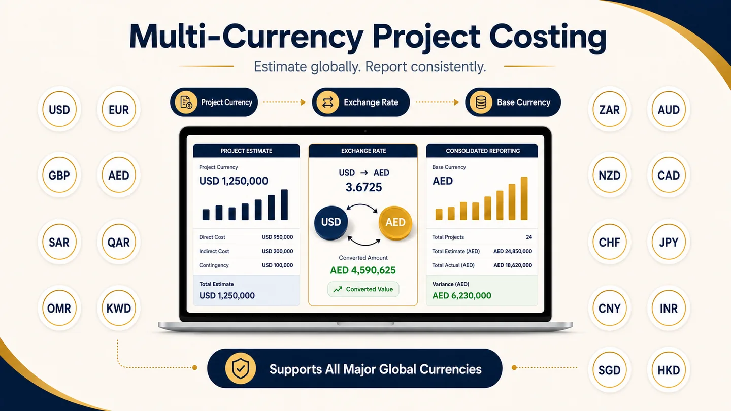DocuProjects multi-currency project costing showing exchange rate conversion and consolidated base currency reporting