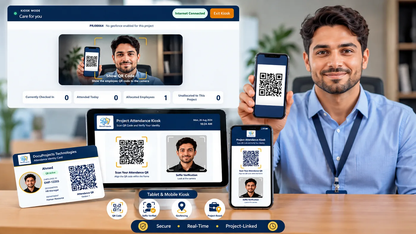 QR kiosk check-in, selfie verification and geofence features in DocuProjects Attendance