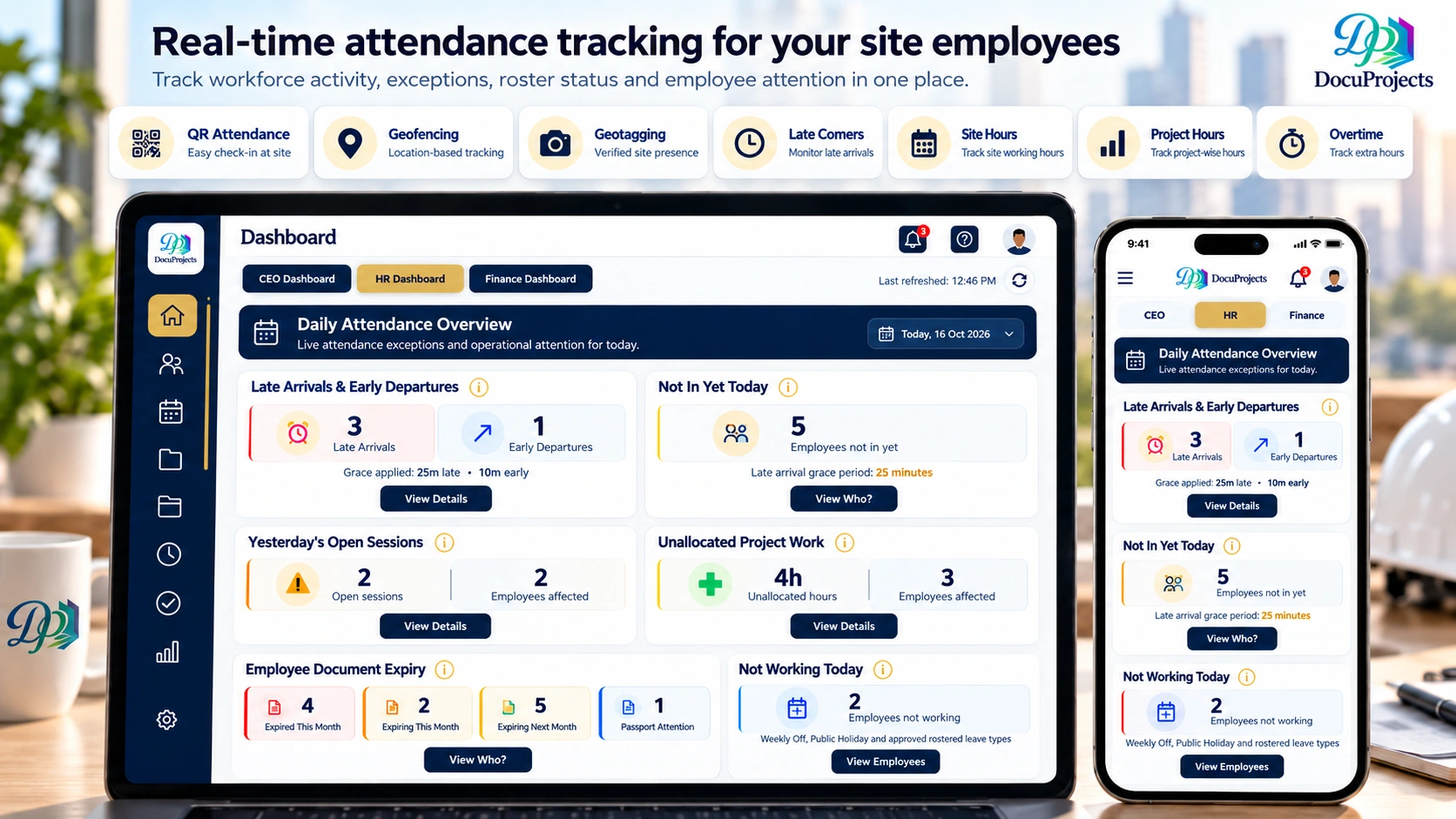 DocuProjects real-time attendance dashboard on tablet and mobile