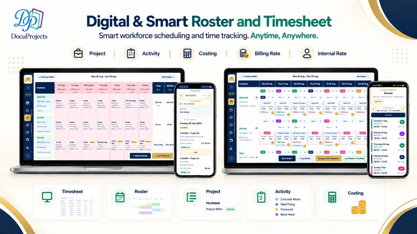 DocuProjects interactive roster and timesheet showing project activity and internal and billing rates